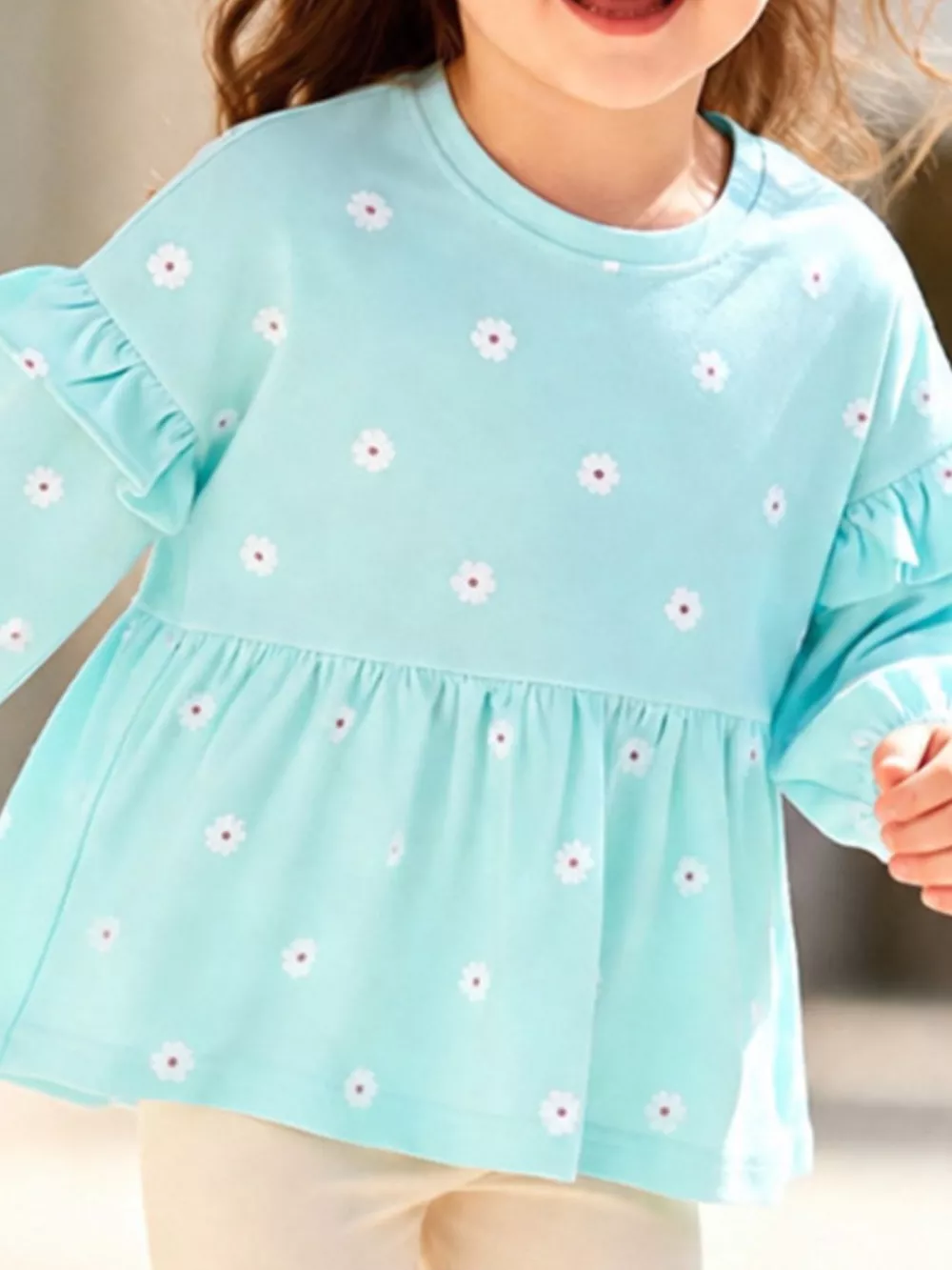 Children's Flower Balloon Sleeve Peplum Top and Pants Set, image 3
