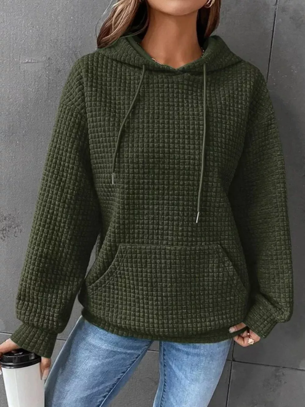 Full Size Textured Kangaroo Pocket Hoodie Plus Size, image 13