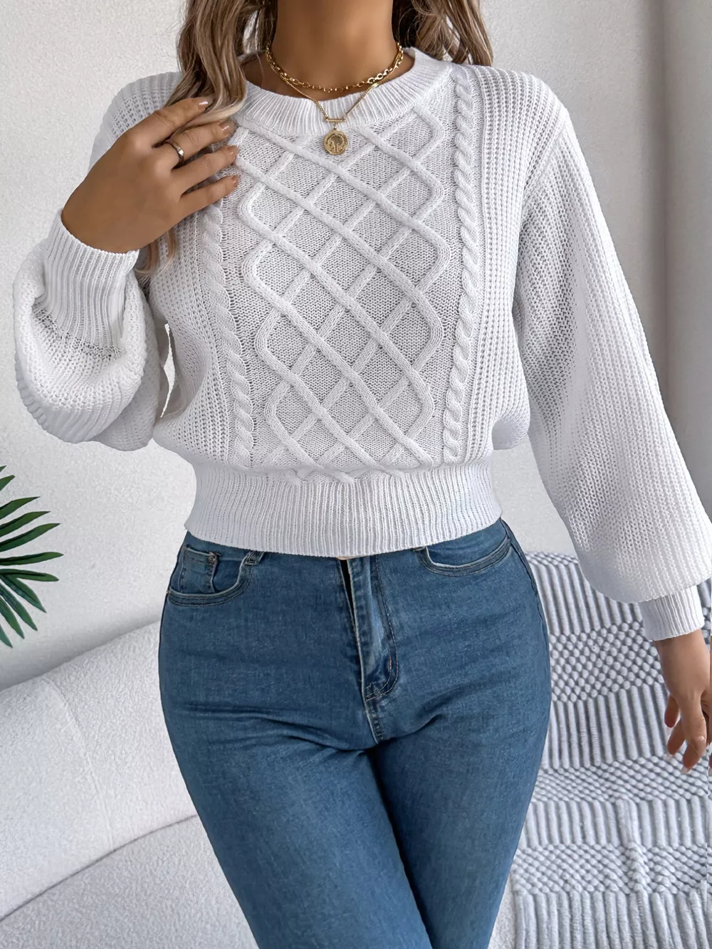 Cable Knit Diamond Pattern Long Sleeve Sweater, image 23