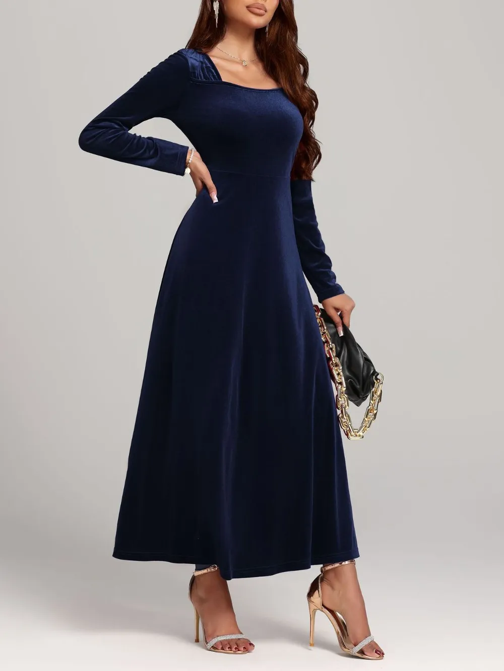 Square Neck Long Sleeve Velvet Dress, image 7