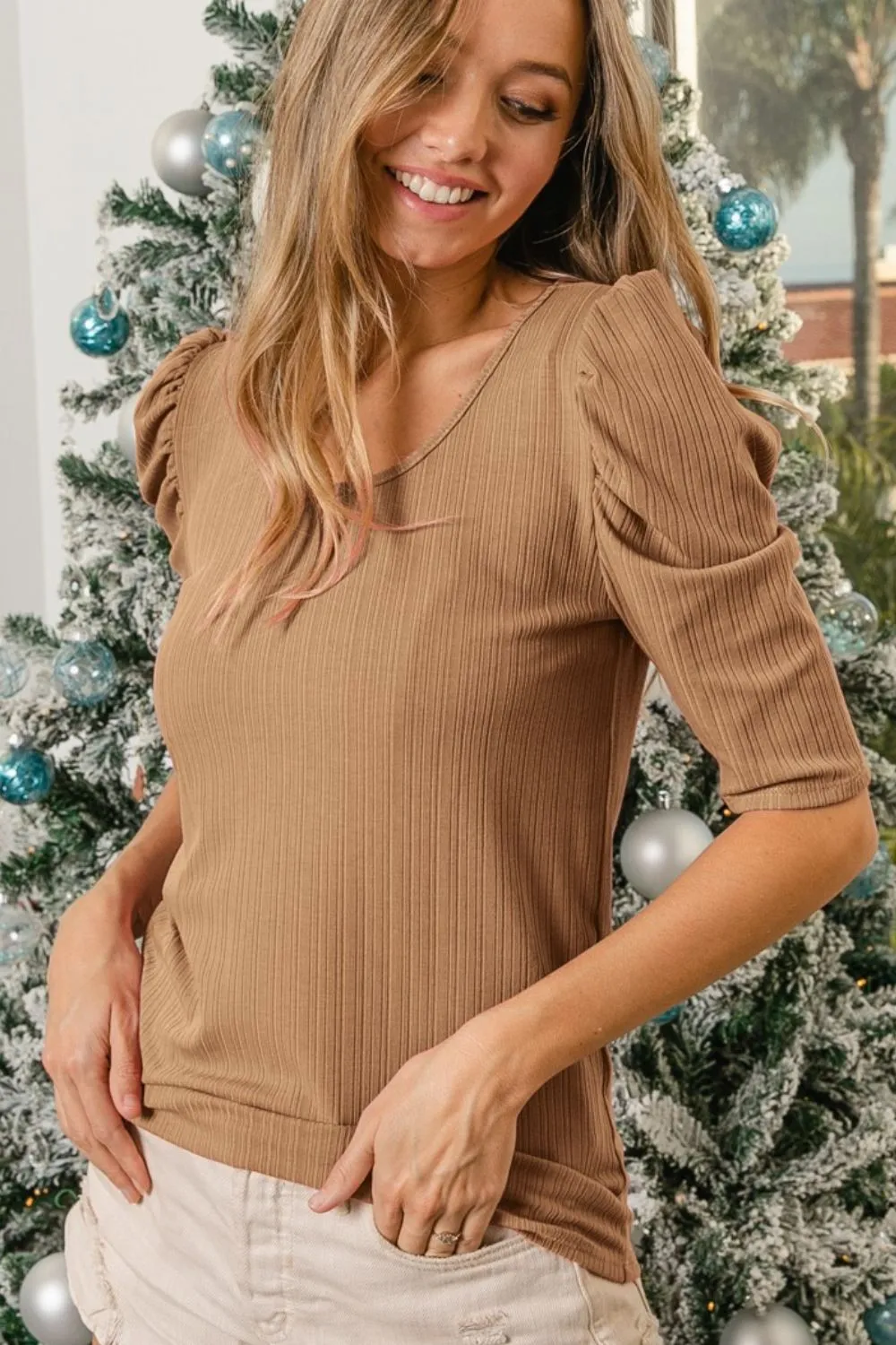 Verigated Rib Knit Puff Sleeves Shorts Top