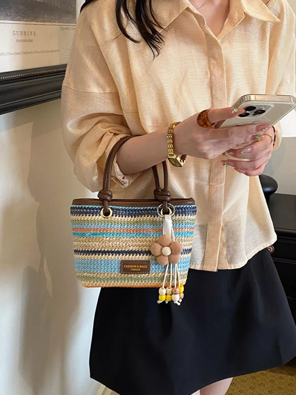 Striped Woven Handbag, image 7
