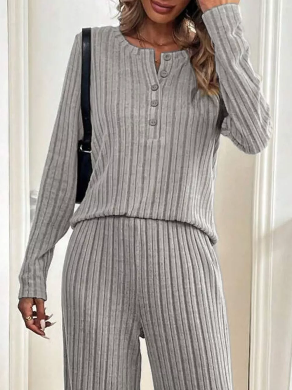 Button Detail Long Sleeve Top and Pants Set, image 6