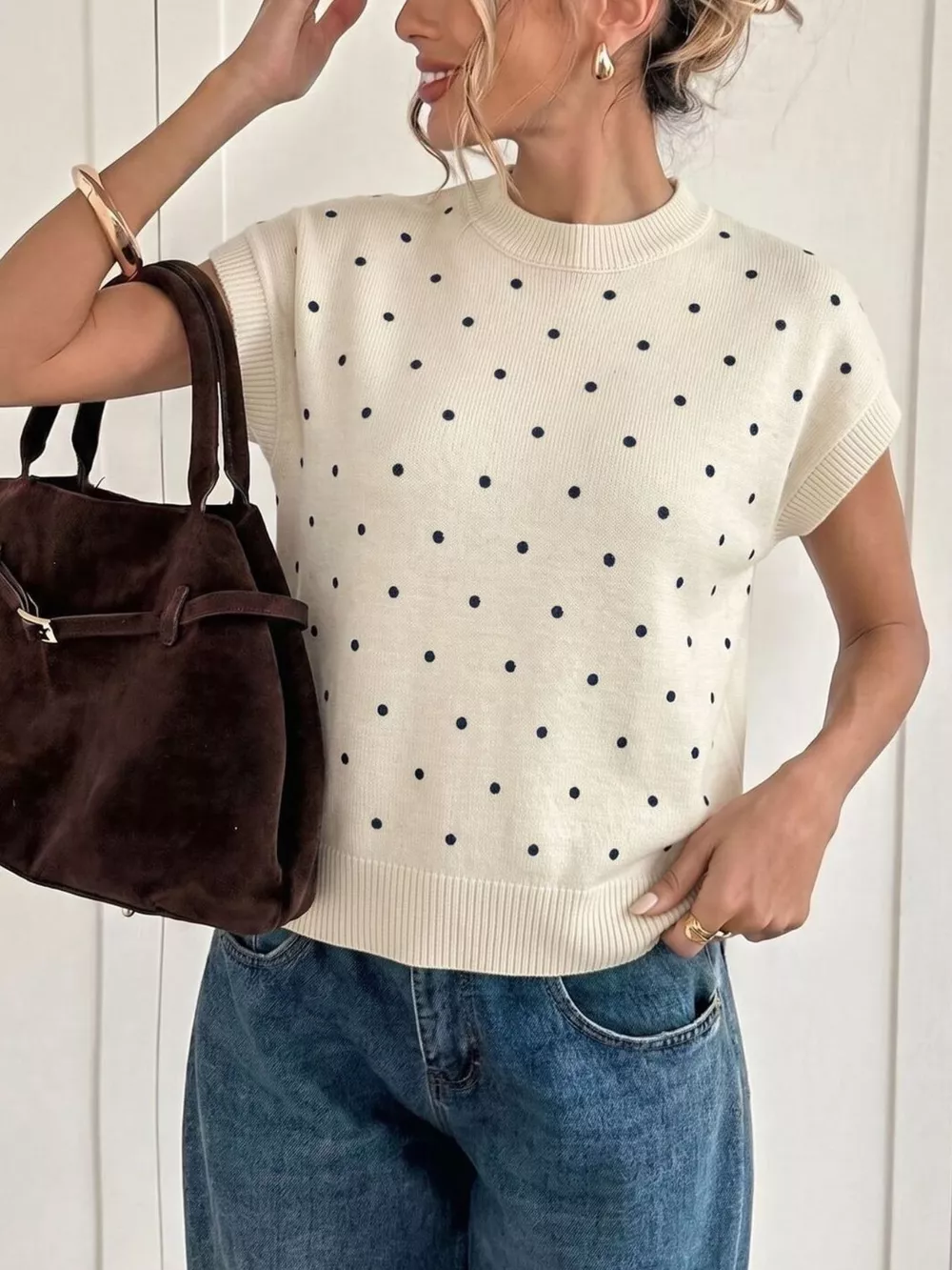 Polka Dot Short Sleeve Knit Sweater, image 4