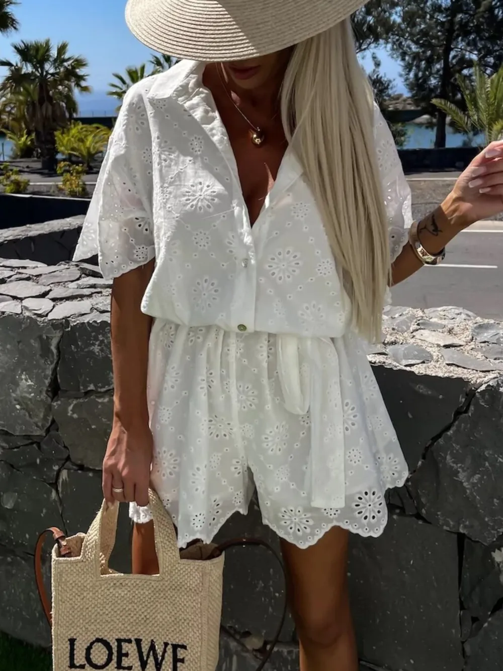 Eyelet Lace Button-Up Romper, image 6