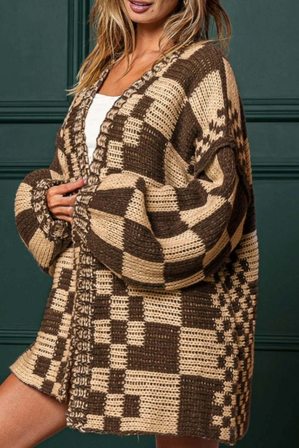 Checkered Open Front Long Sleeve Cardigan, image 8