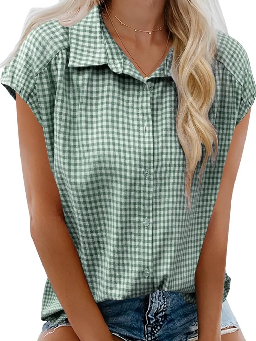 Plaid Button Up Cap Sleeve Shirt, image 16