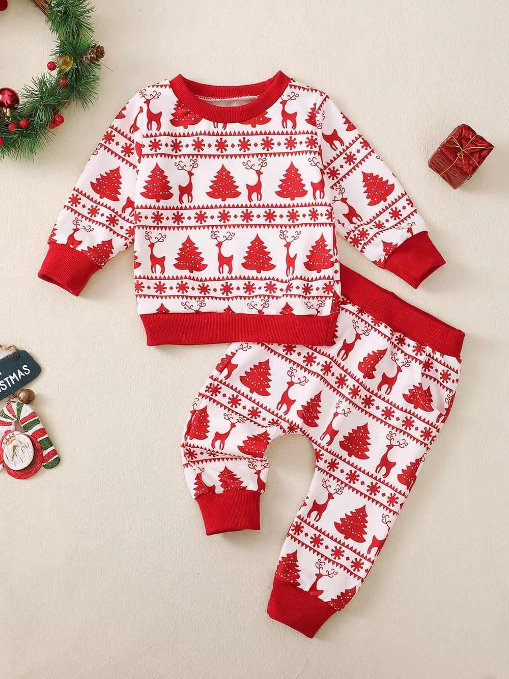 Children's Christmas Reindeer & Tree Print Top and Pants Set, image 2