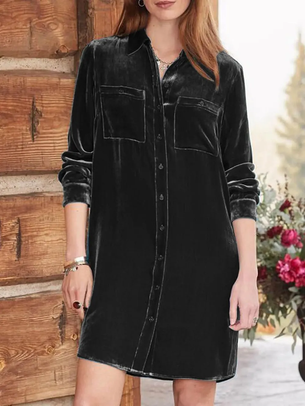 High-Low Button Up Long Sleeve Knee Length Dress, image 2
