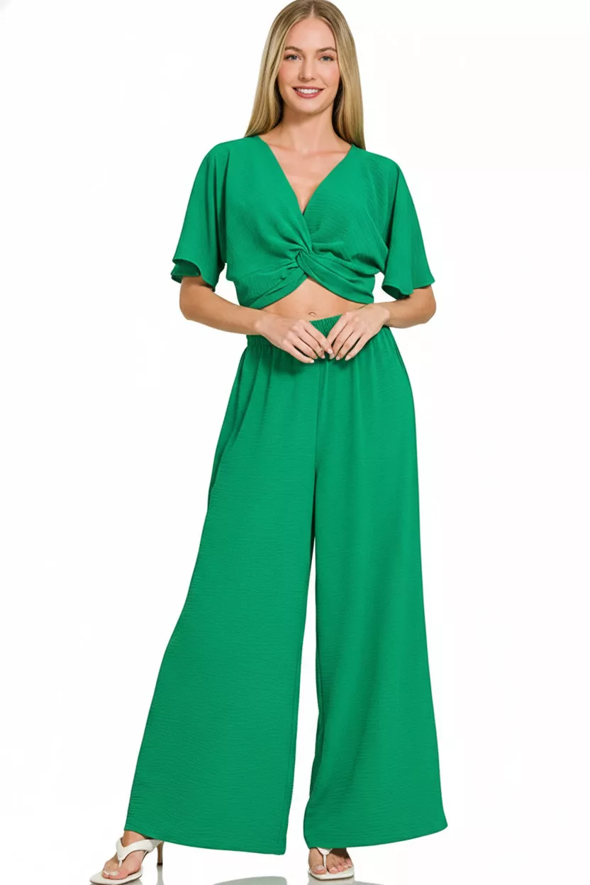 Woven Airflow Twisted Top & Wide Leg Pants Set, image 3