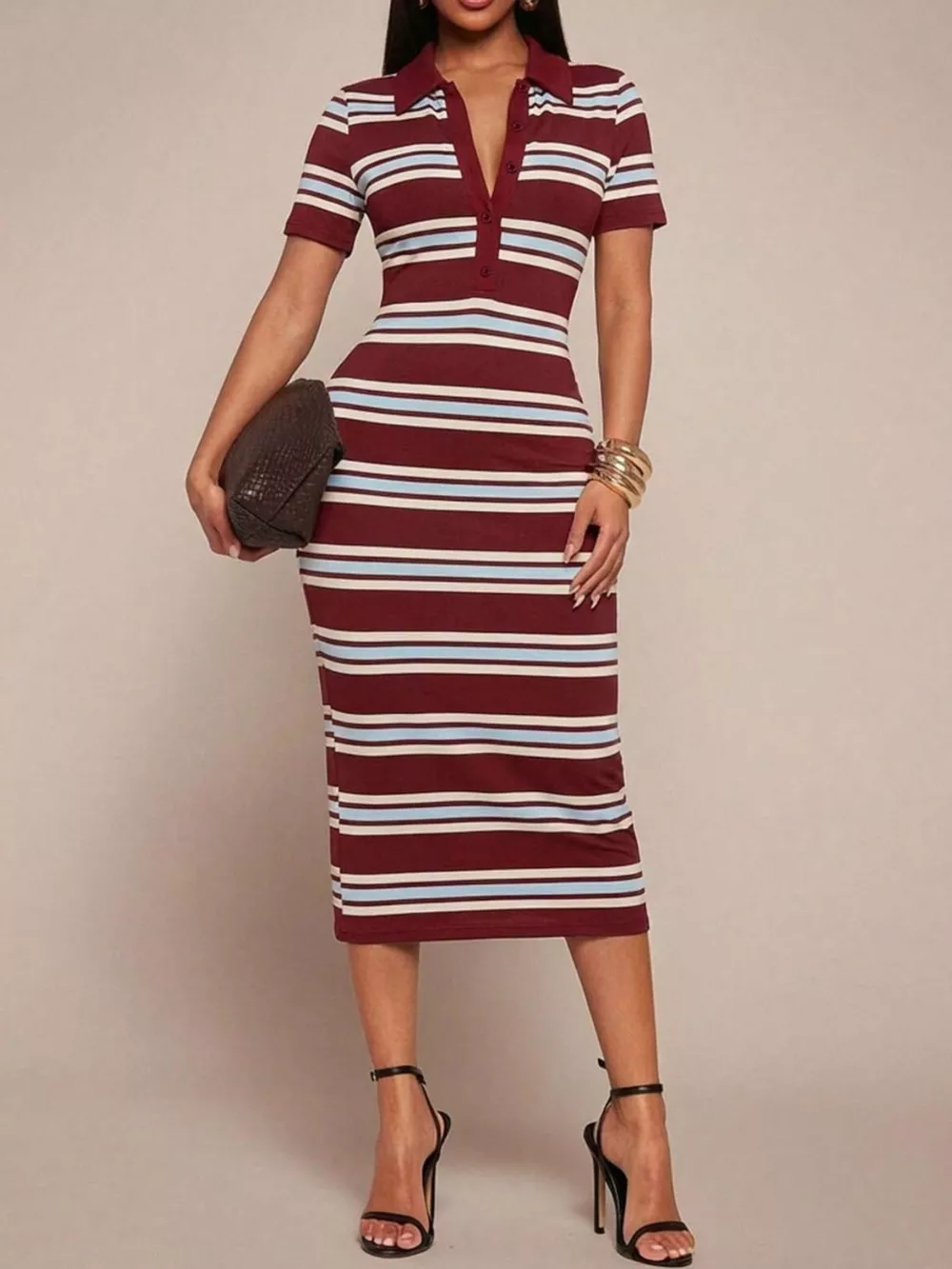 Striped Polo Collar Midi Dress, image 19