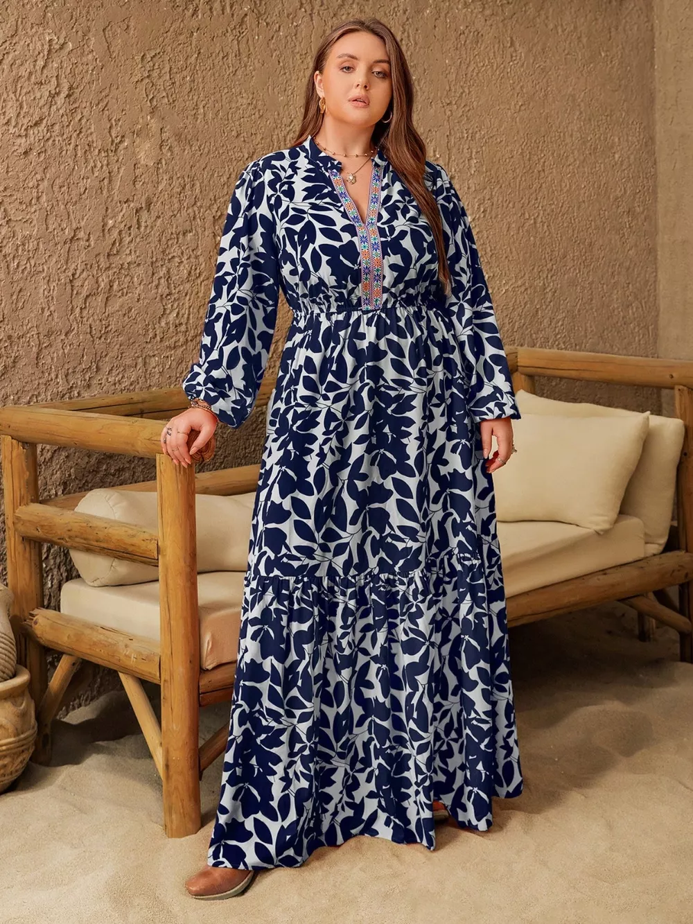 Plus Size Floral Print Notched Long Sleeve Maxi Dress, image 4