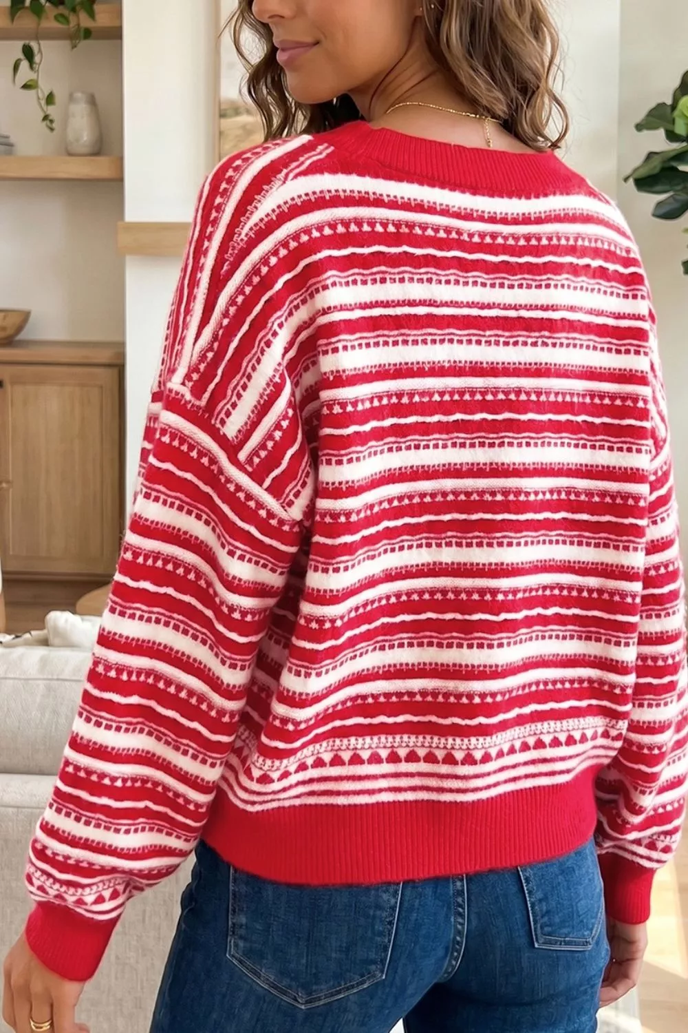 Geometric Striped Pattern V Neck Button Front Casual Knit Cardigan, image 2