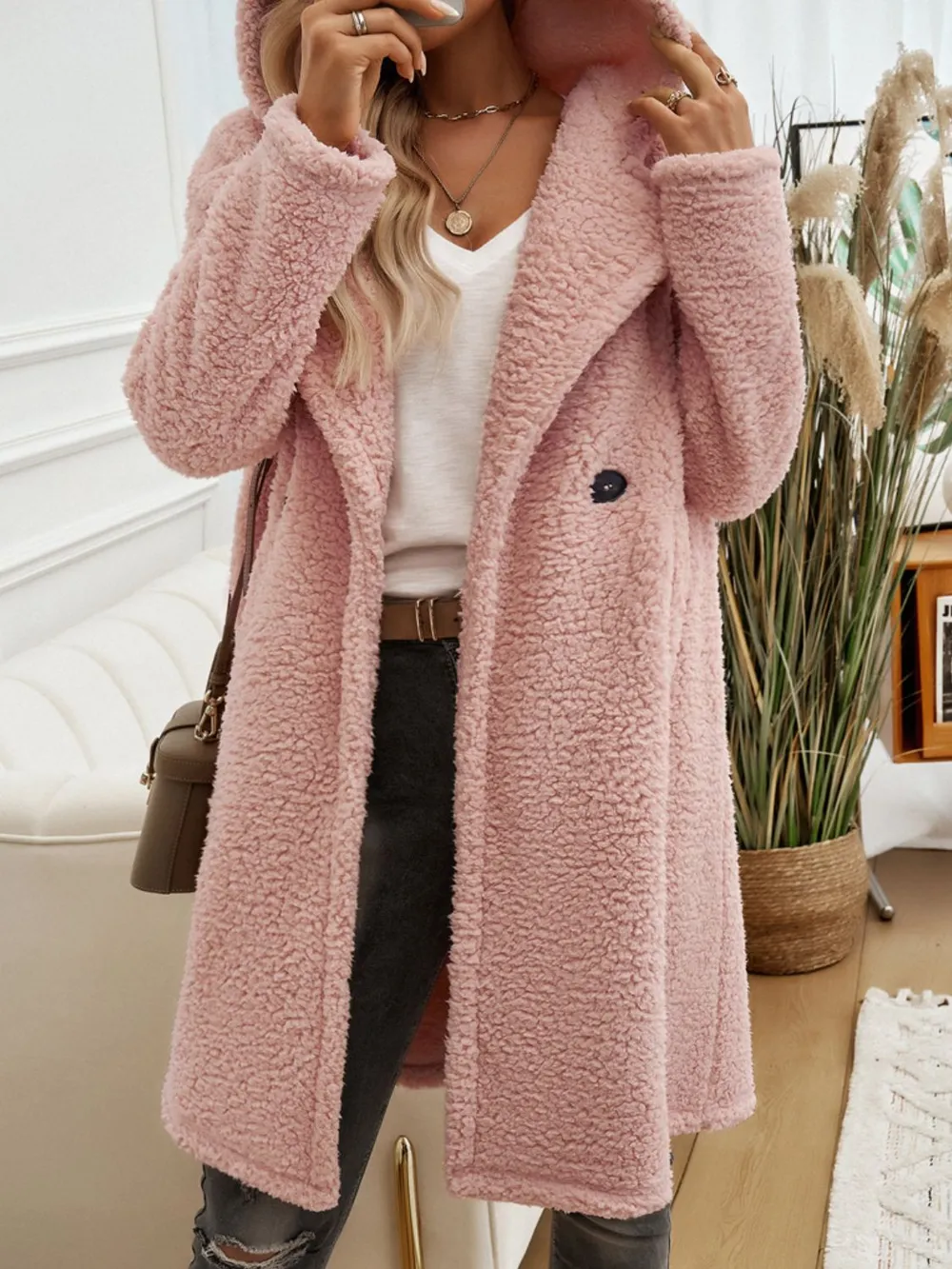 Pocketed Long Sleeve Hooded Teddy Coat, image 11