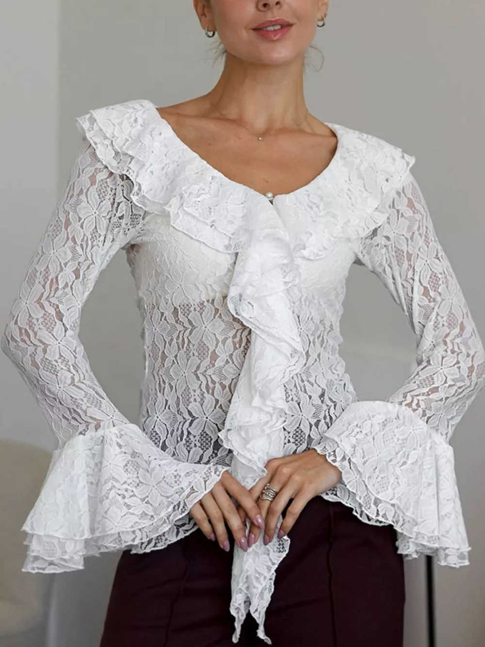 Lace V-Neck Flare Sleeve Blouse, image 2