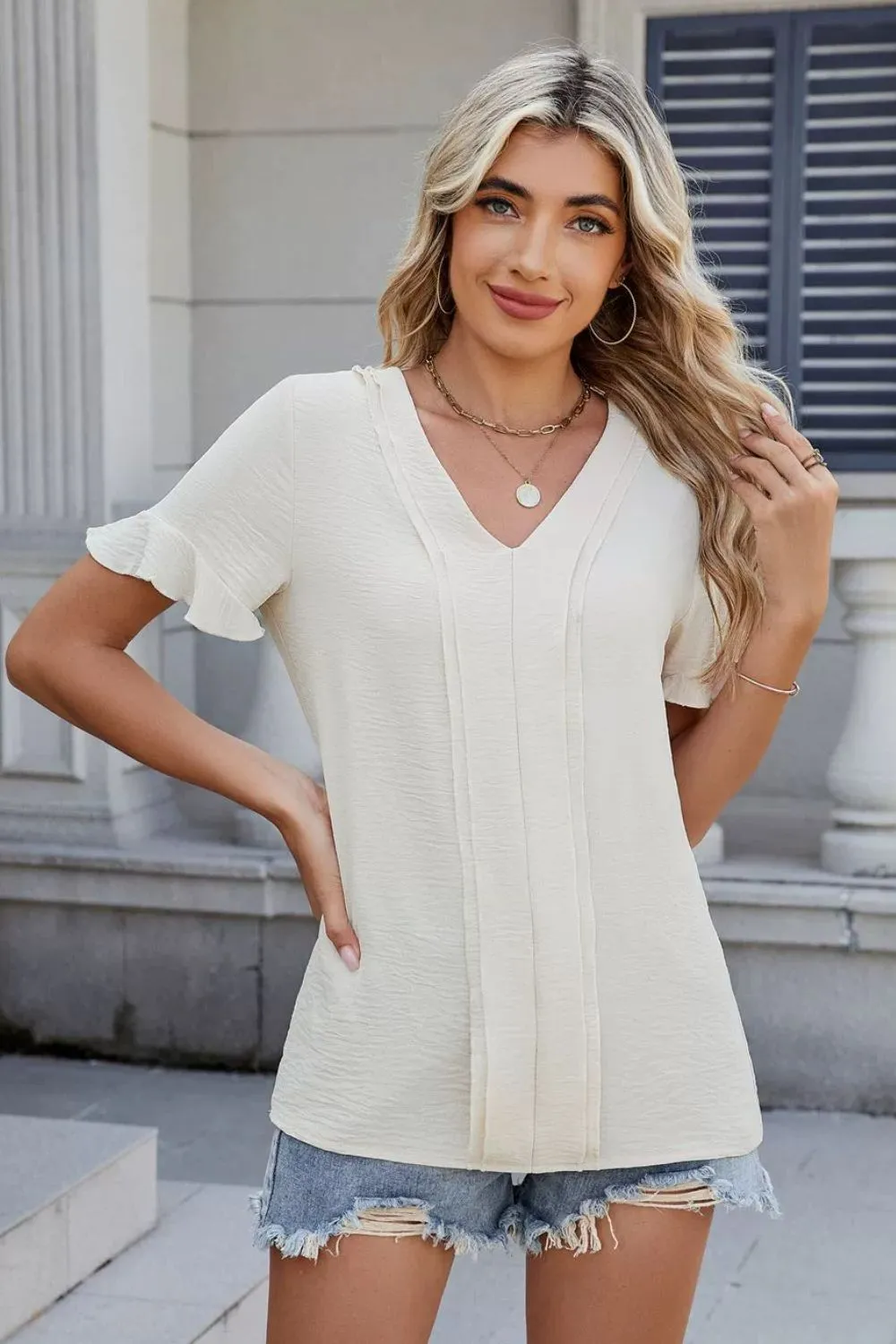 V-Neck Short Sleeve Blouse, image 2