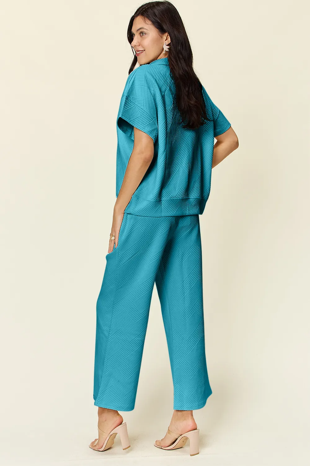 Full Size Texture Half Zip Short Sleeve Top and Pants Set, image 13