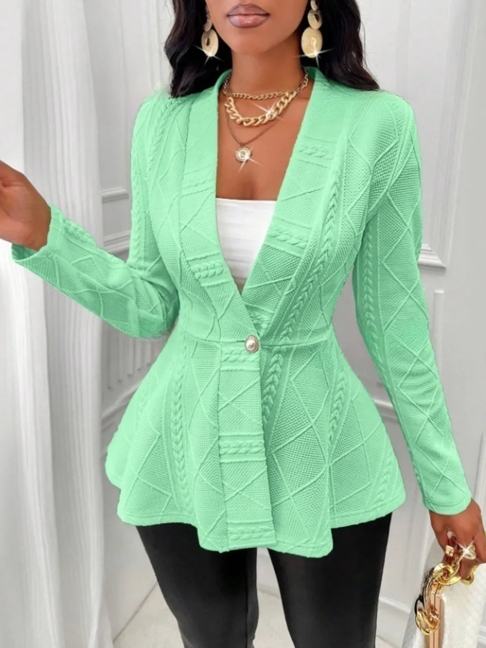 One Button Textured Peplum Cardigan, image 15