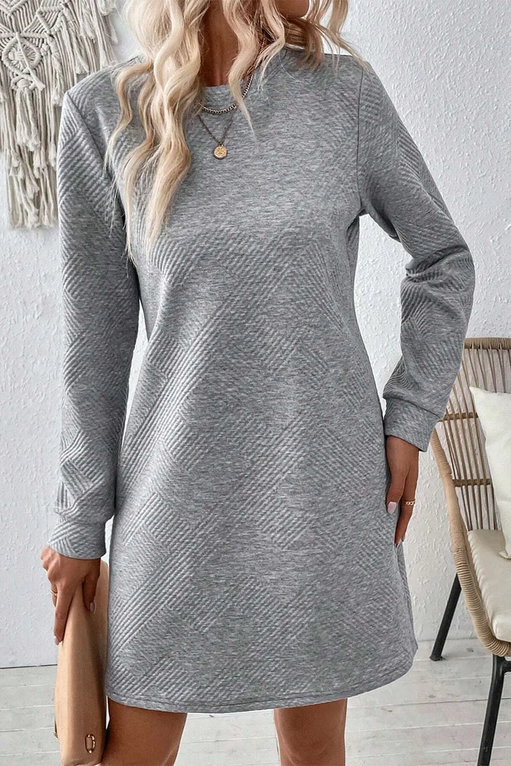 Textured Round Neck Long Sleeve Mini Dress, image 6