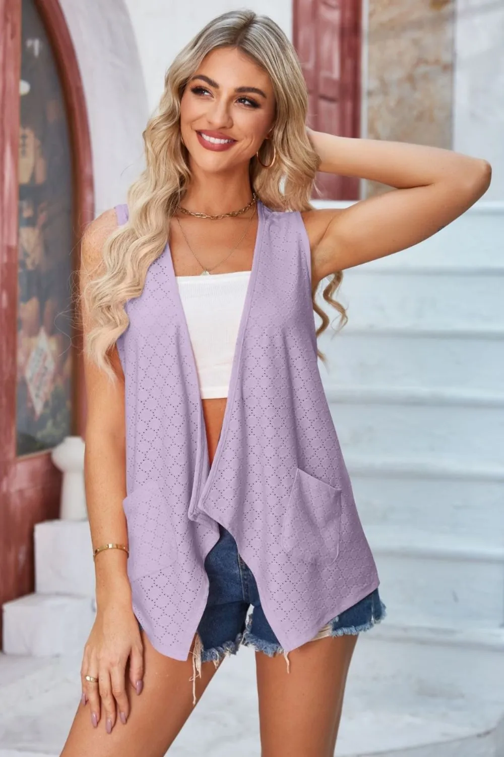 Eyelet Open Front Sleeveless Cardigan, image 17