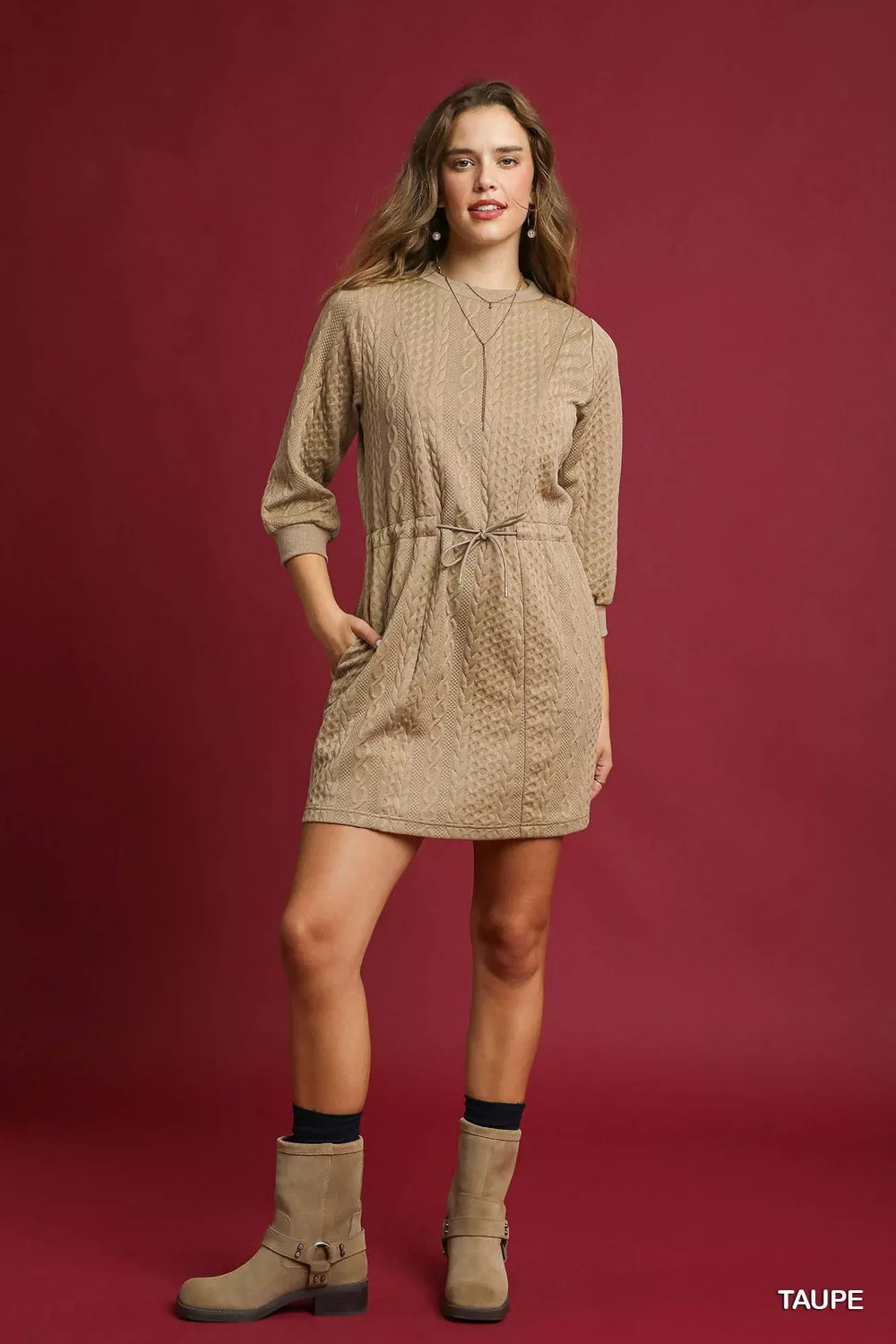 Drawstring Cable Knit Mini Dress with Pockets, image 3