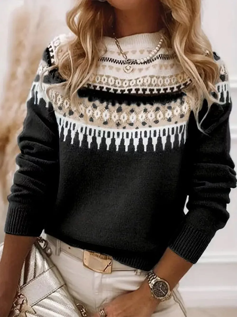 Full Size Vintage Patterned Round Neck Sweater Plus Size, image 10