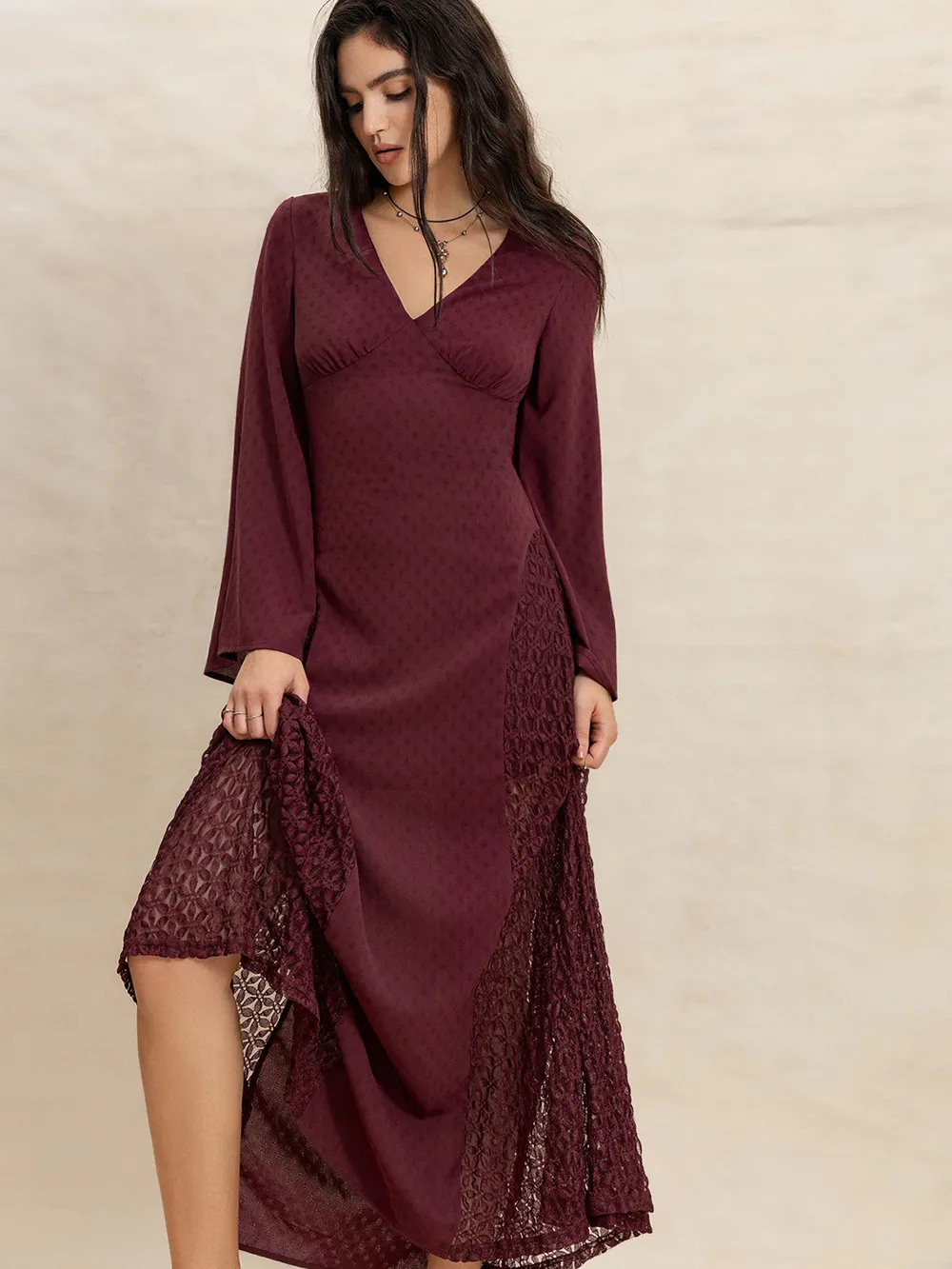 Lace Patchwork V-Neck Long Sleeve Midi Dress, image 7