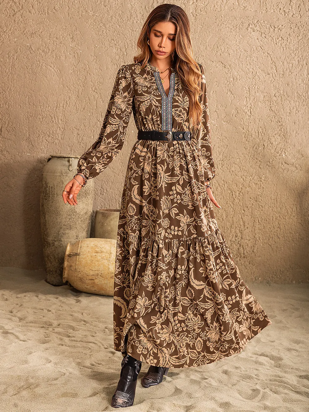 Ruched Printed Notched Long Sleeve Maxi Dress, image 4