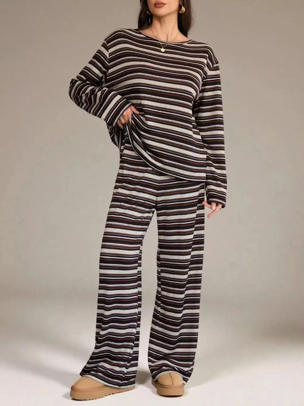 Striped Long-Sleeve Top and Wide-Leg Pants Set, image 5
