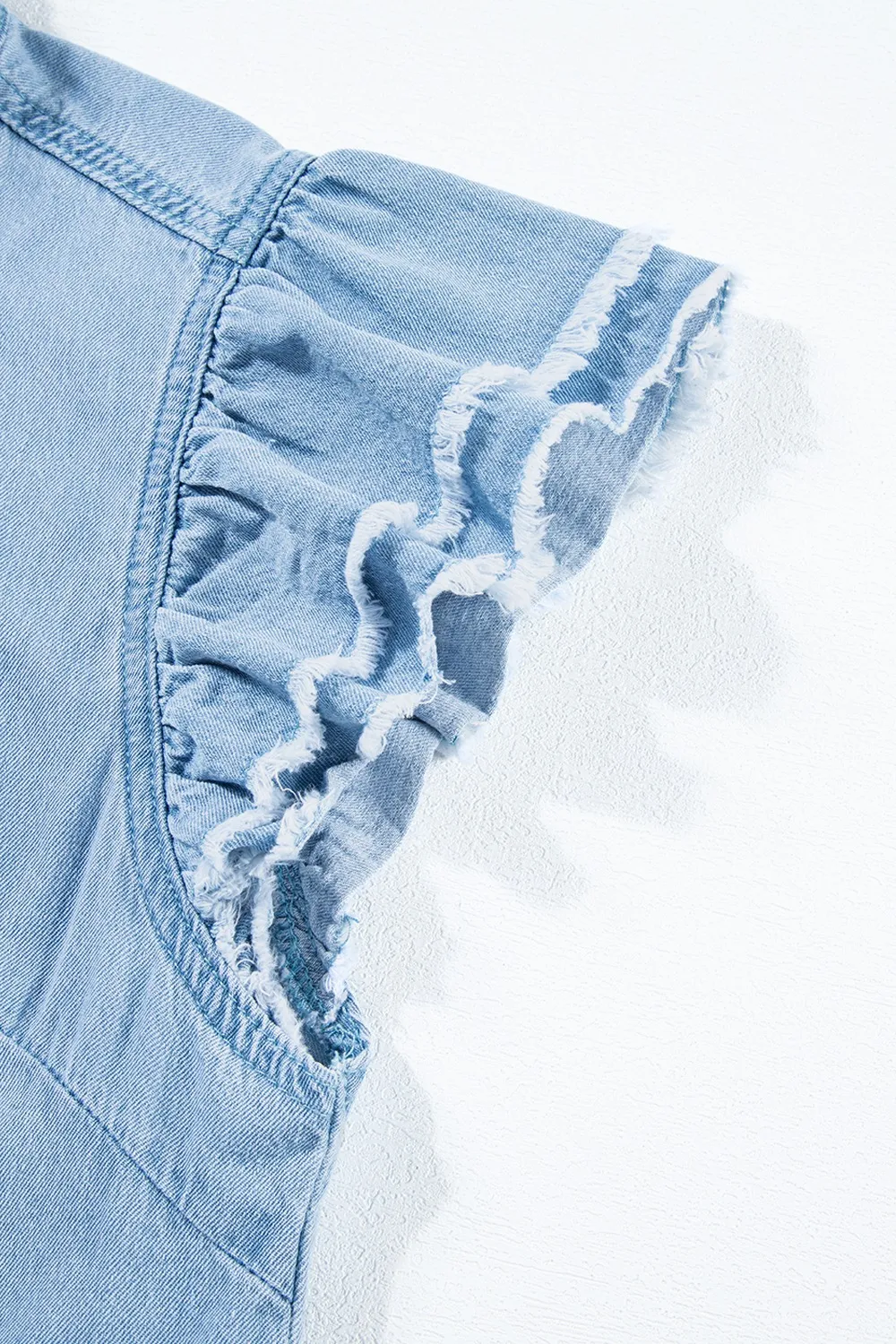 Button Down Raw Hem Ruffled Denim Shirt, image 9