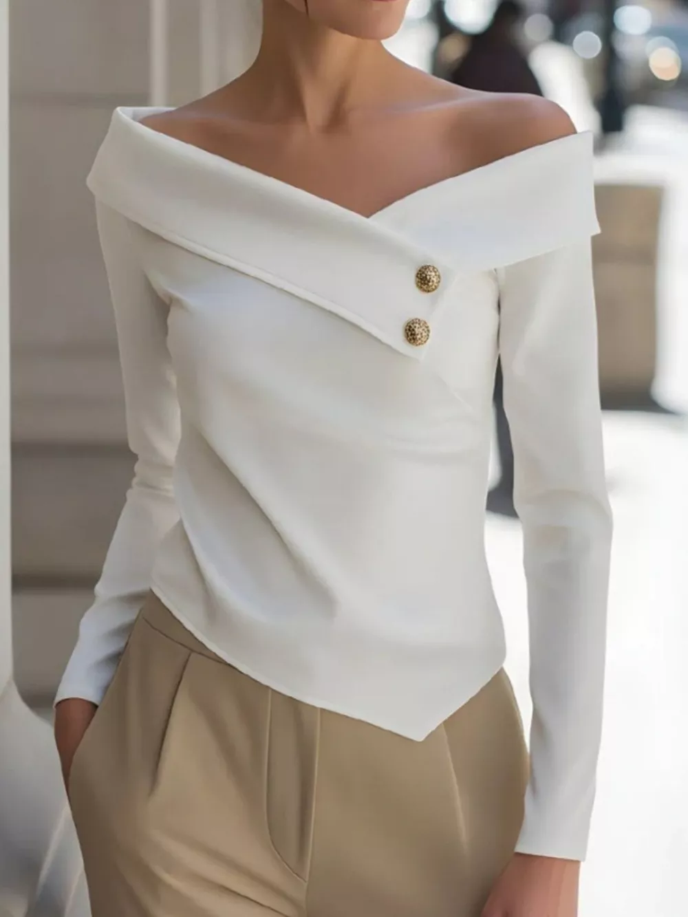Off-Shoulder Button Decor Blouse, image 4