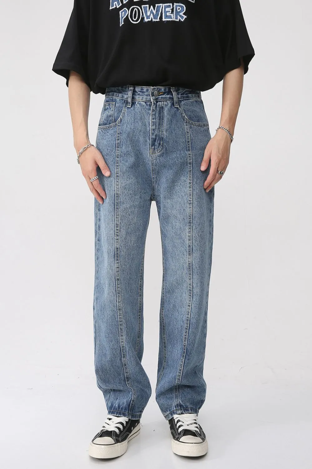 Men's Washed Splicing Straight Leg Jeans, image 2