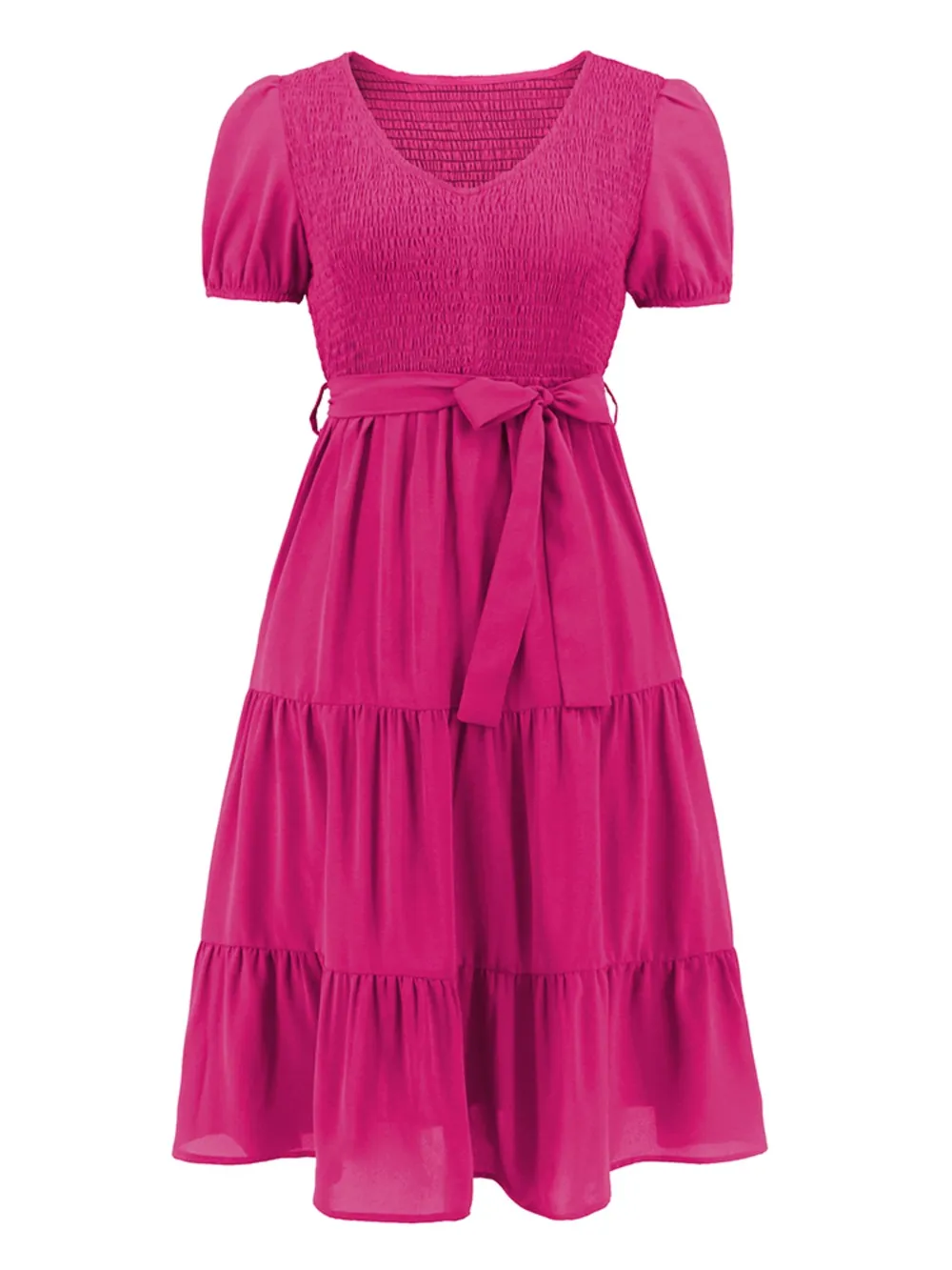 Smocked Tie Front Short Sleeve Tiered Dress, image 33