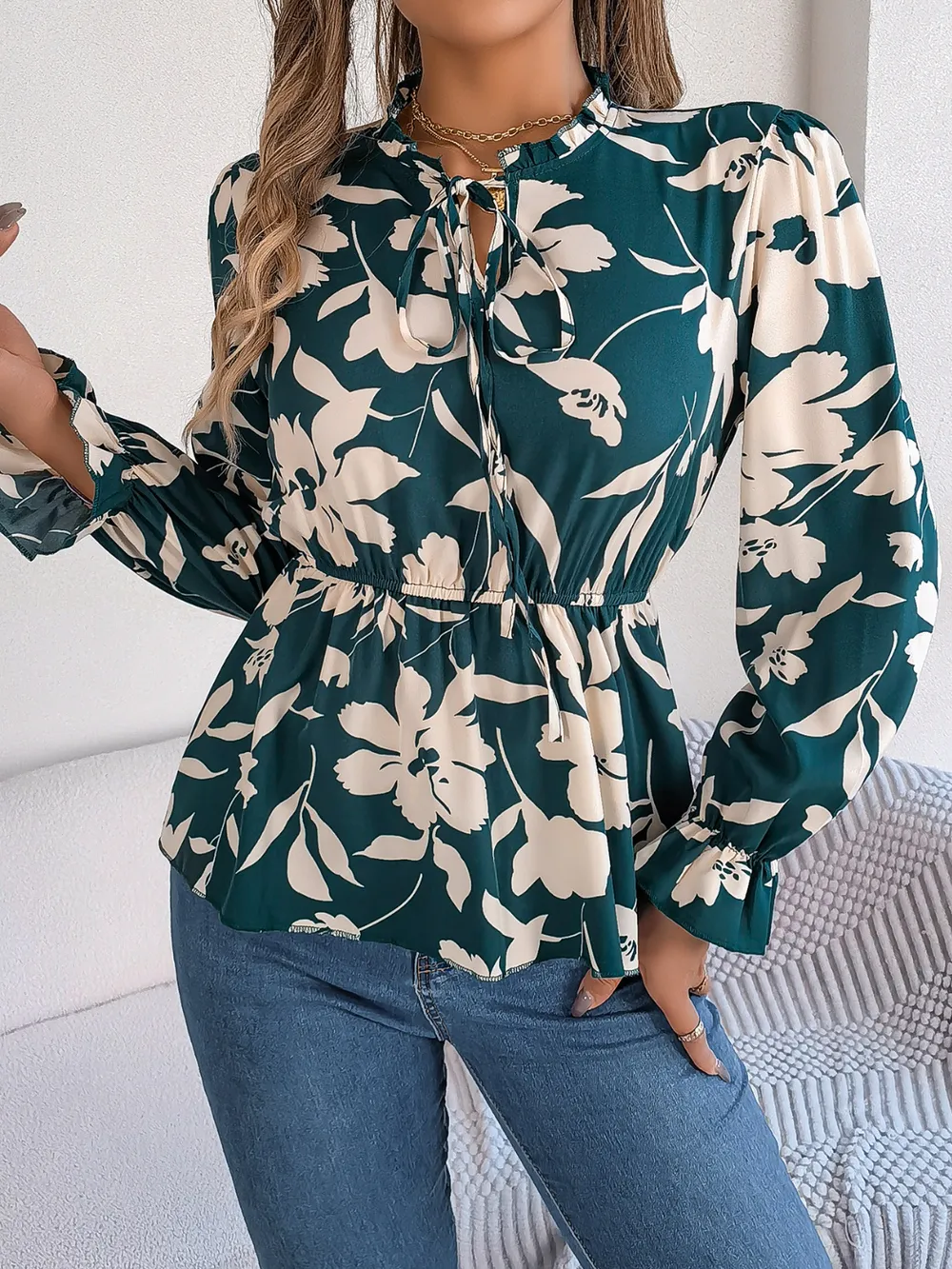 Printed Tie Neck Flounce Sleeve Blouse, image 8