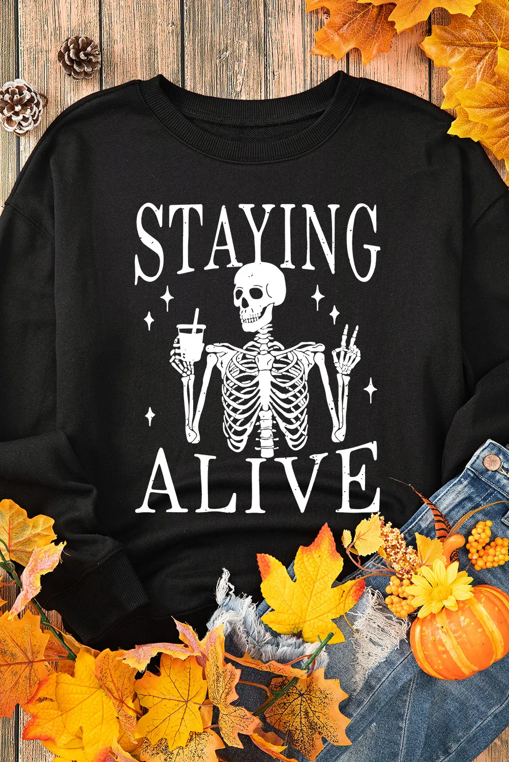 Skull Graphic Round Neck Long Sleeve Sweatshirt, image 4