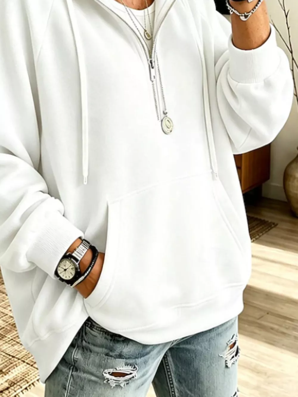 Ribbed Knit Quarter-Zip Hoodie with Kangaroo Pocket, image 12