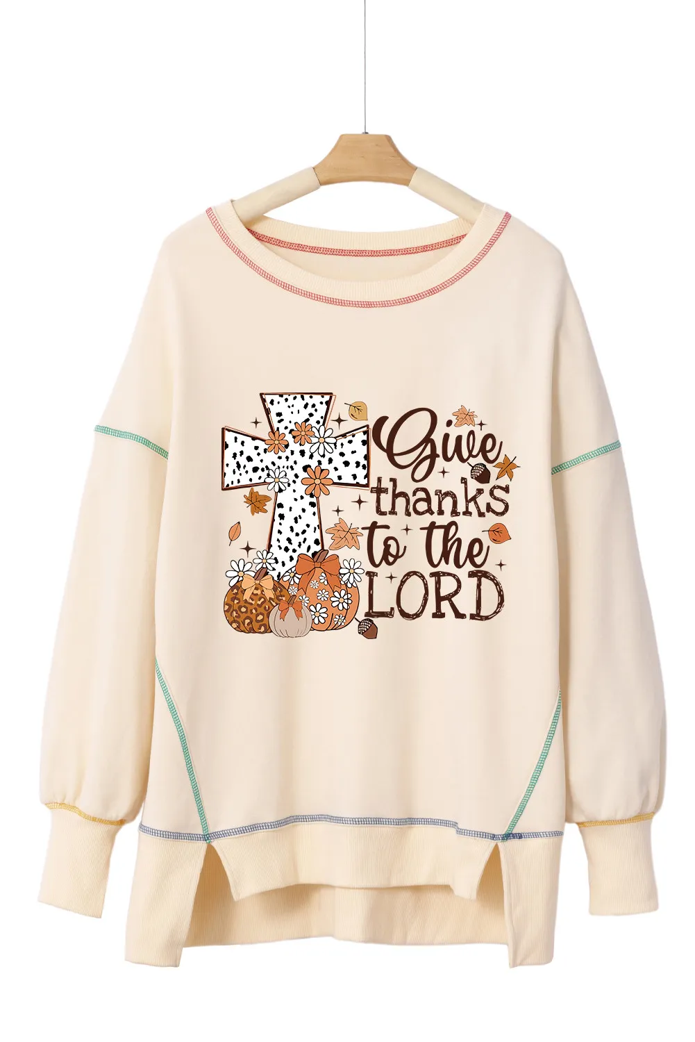High-Low Contrast Stitching Round Neck Sweatshirt, image 3
