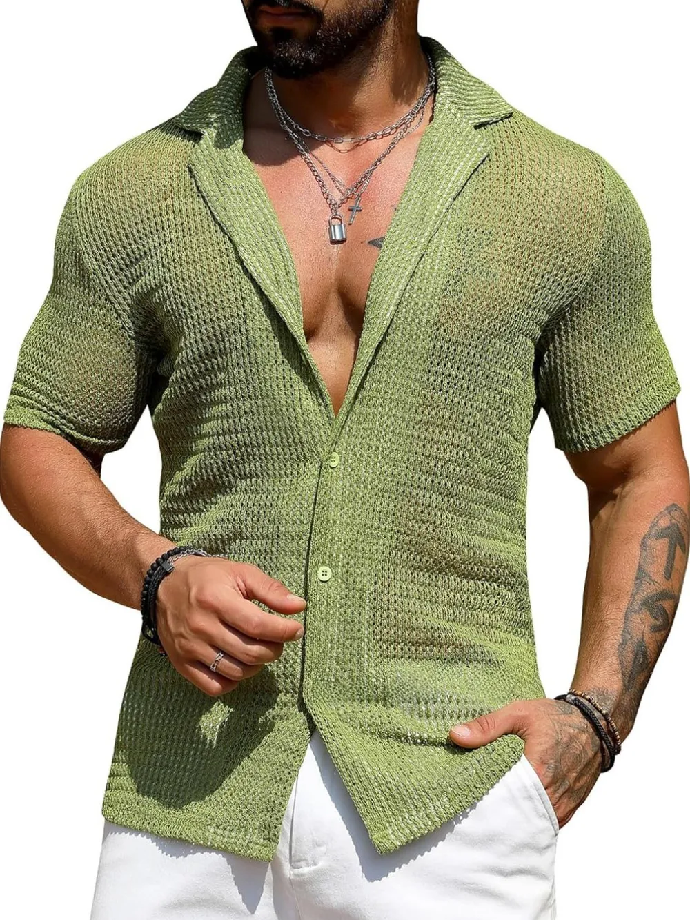 Men's Full Size Openwork Button Down Short Sleeve Shirt Plus Size, image 7