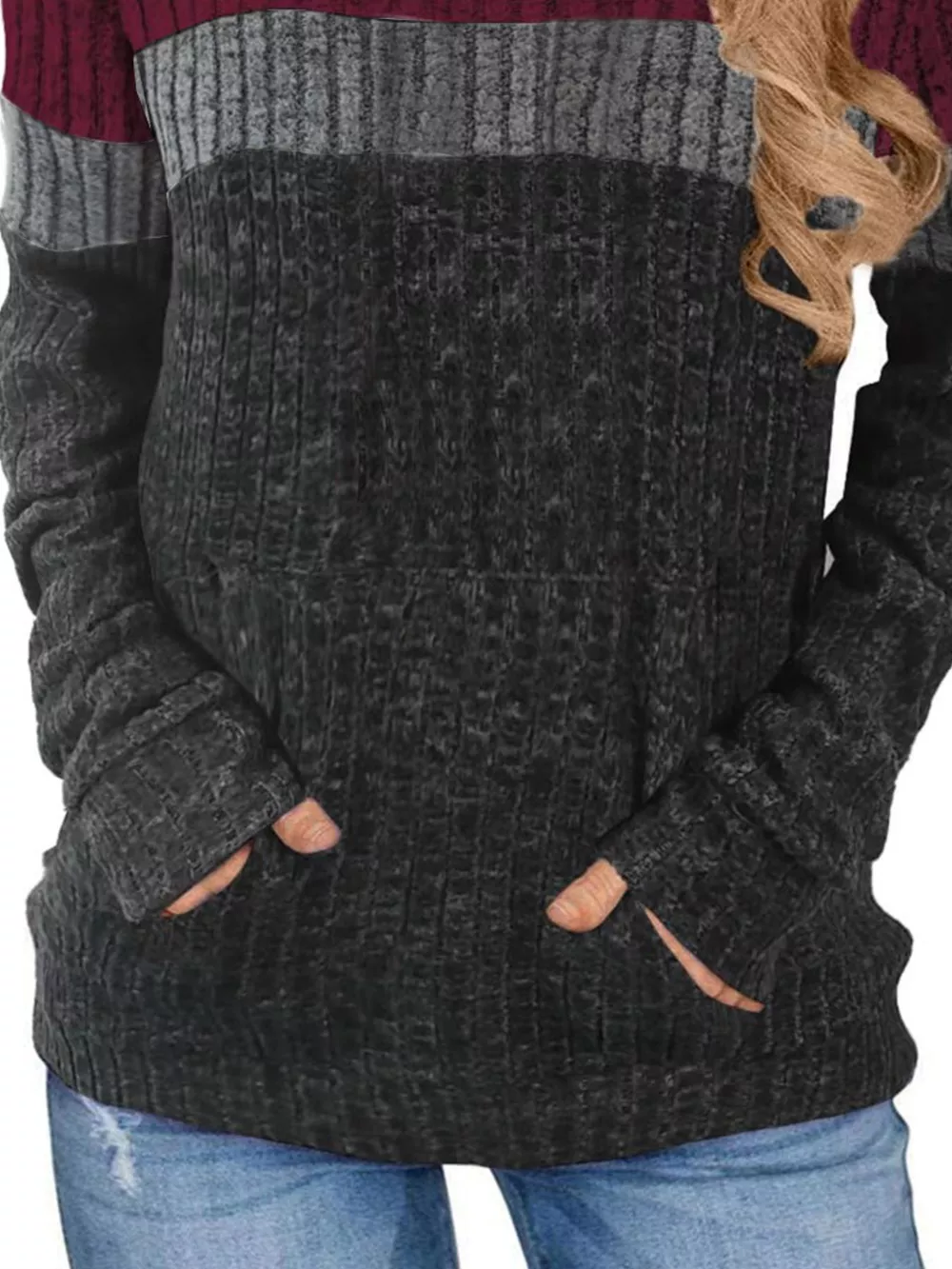 Full Size Color Block Ribbed Knit Hoodie Plus Size, image 13