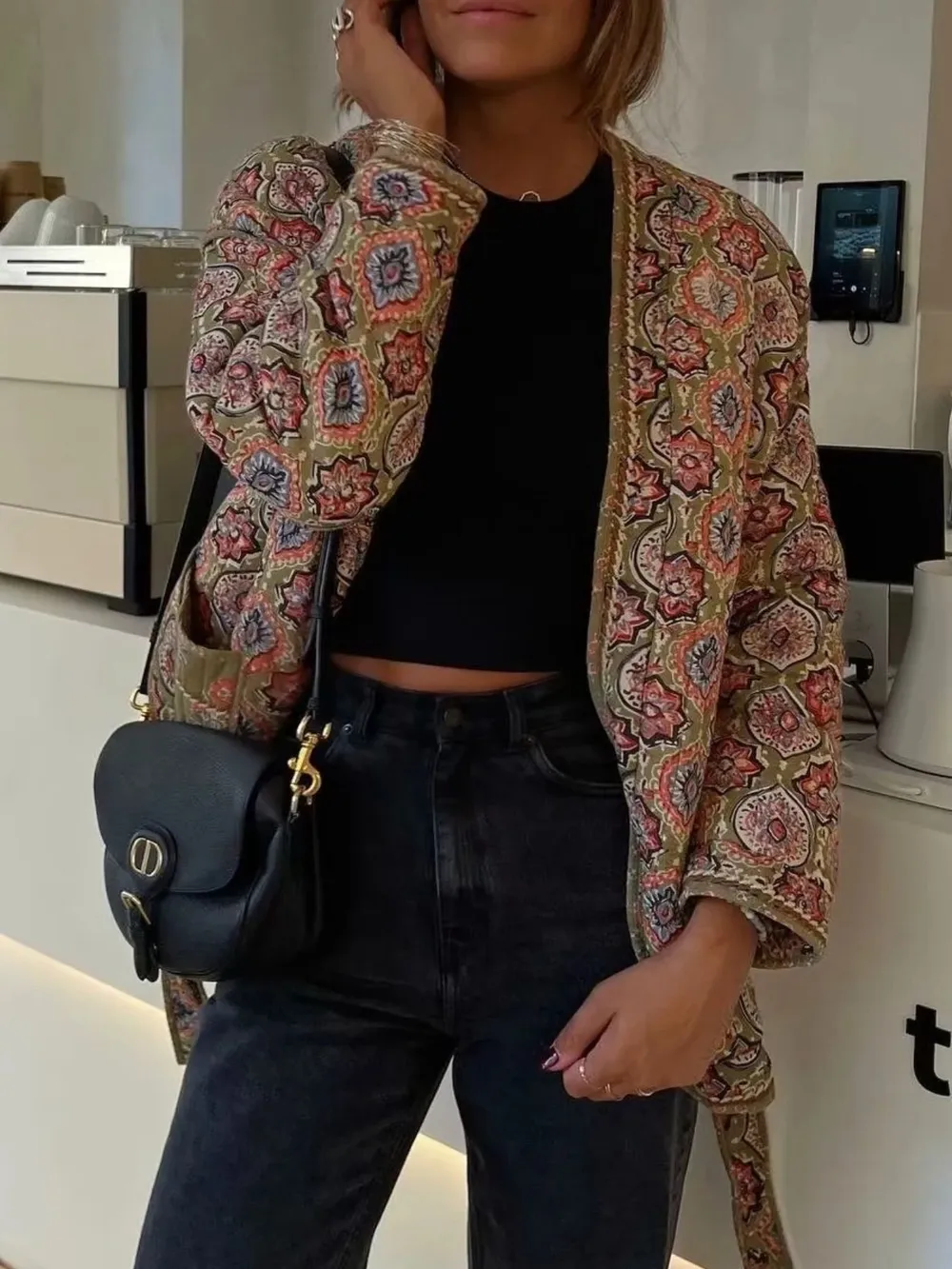 Belted Open Front Floral Winter Coat, image 4