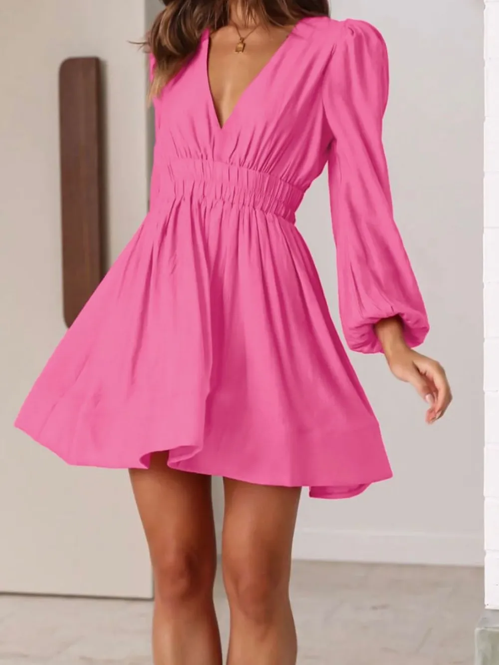 Ruched V-Neck Balloon Sleeve Mini Dress, image 9