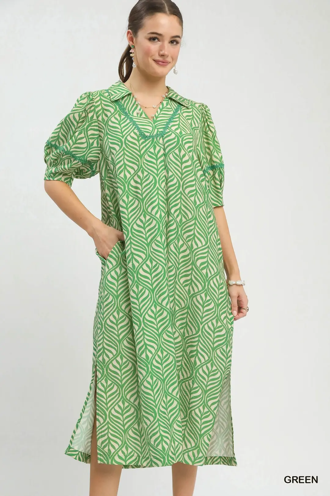 Printed Puff Sleeve Midi Dress with Pockets, image 5