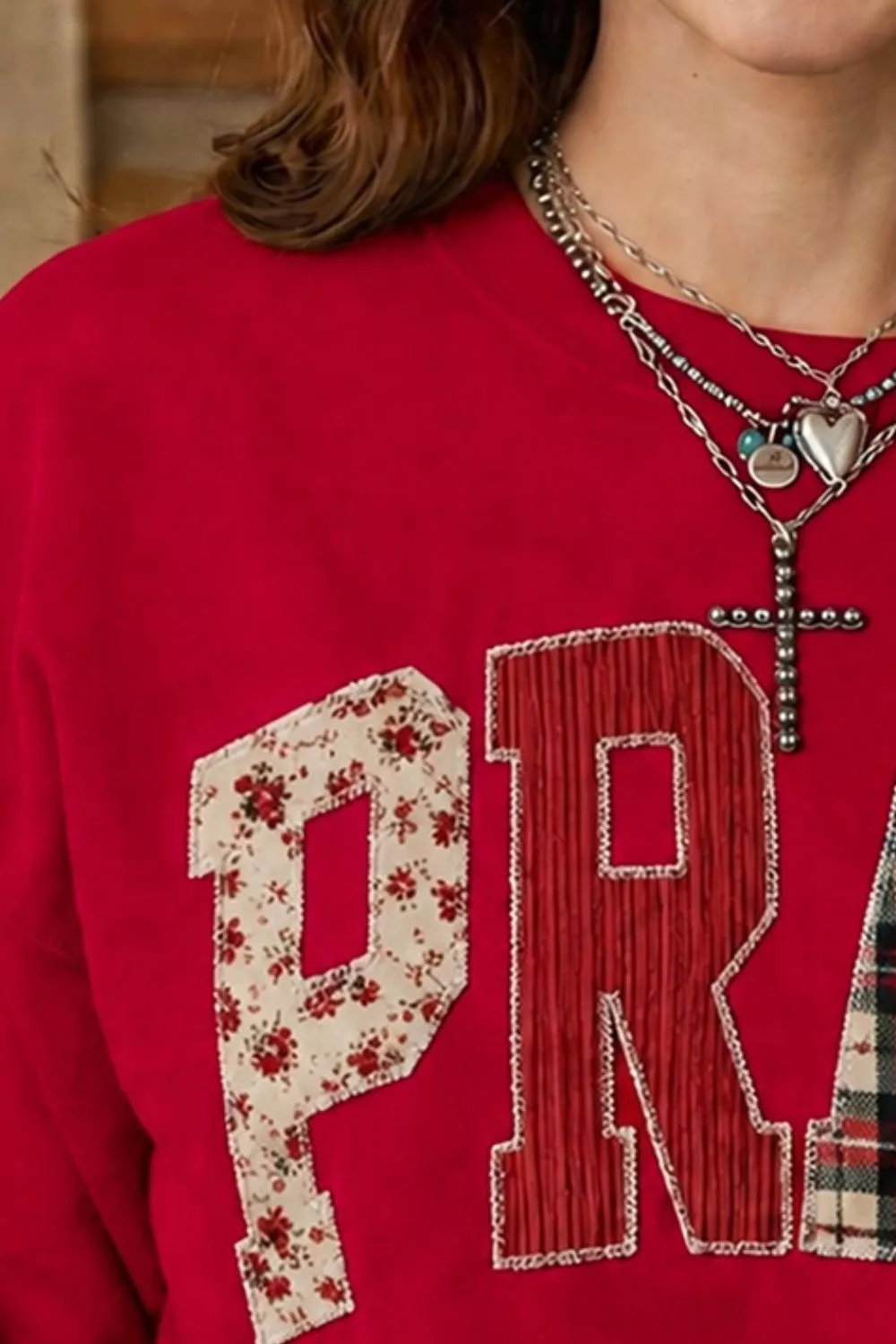 Floral Buffalo Plaid Striped Embroidered Patch Western Sweatshirt, image 4