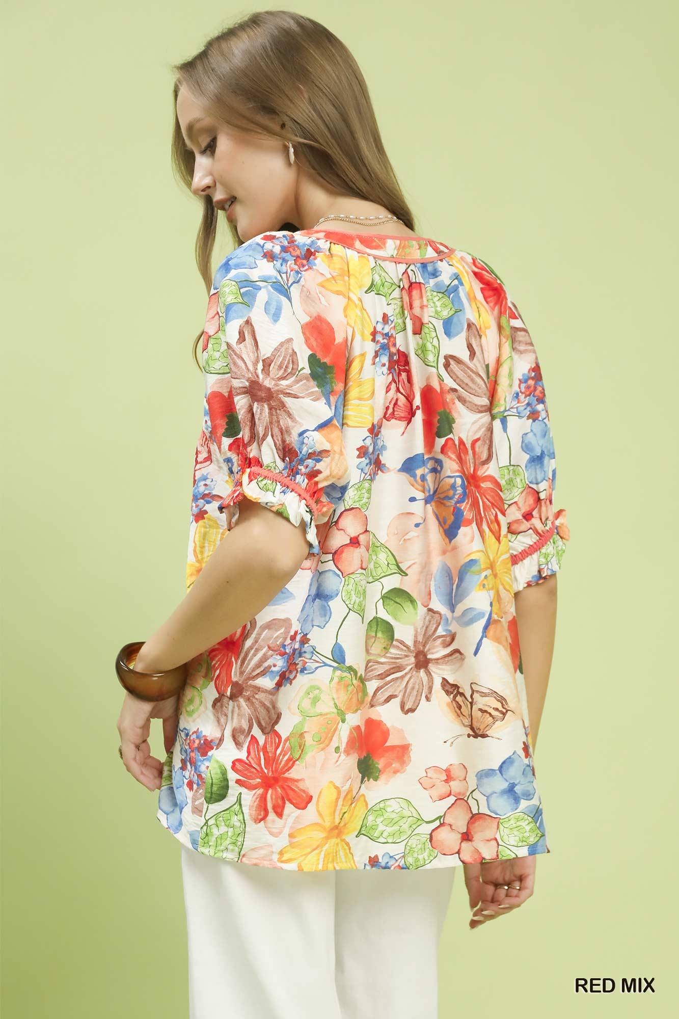 Watercolor Floral Print Top with High-Low Hem, image 3