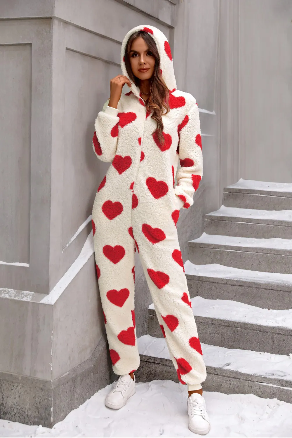 Fuzzy Heart Zip Up Hooded Lounge Jumpsuit, image 2