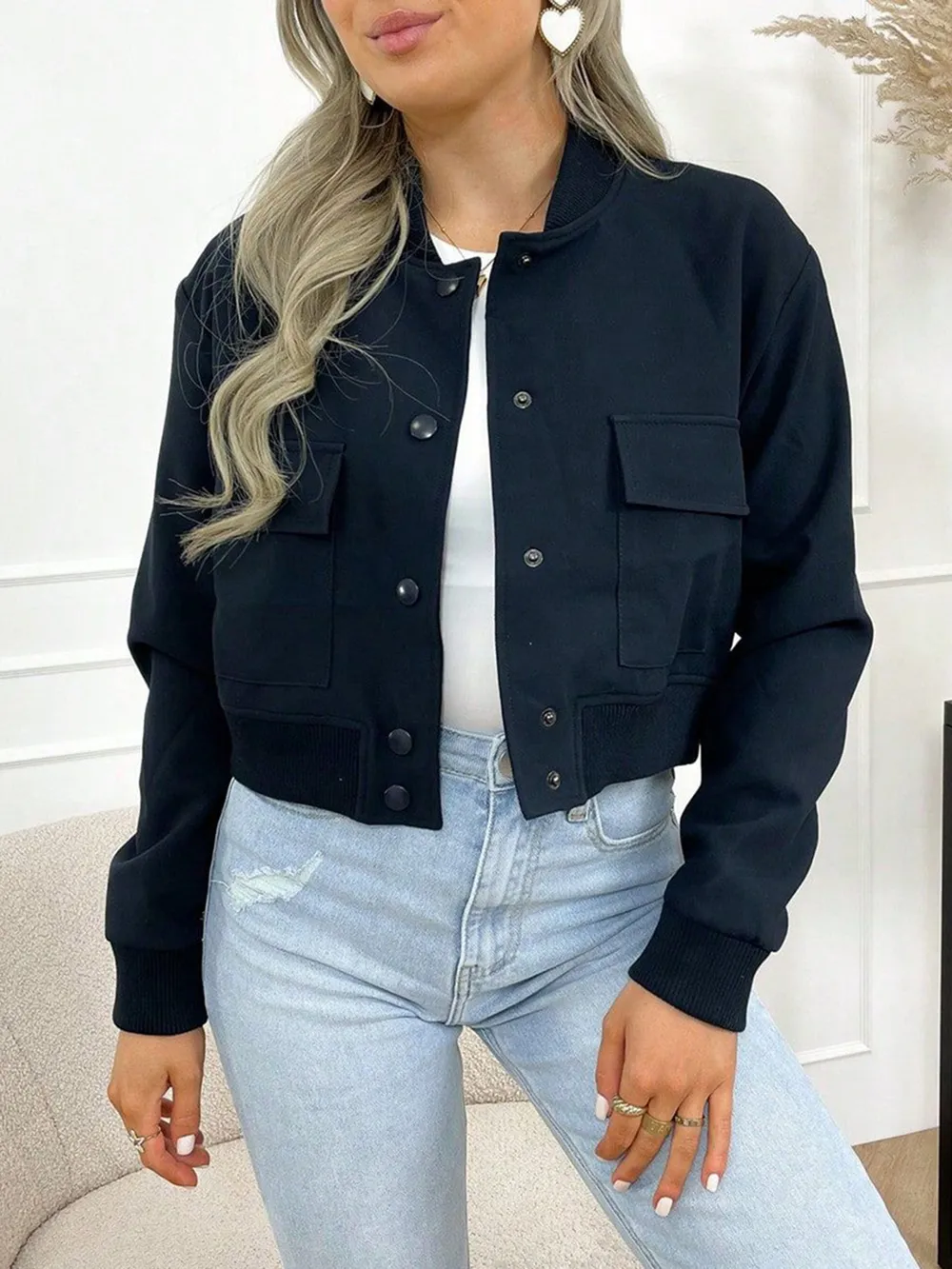 Pocketed Snap Down Baseball Collar Jacket, image 14