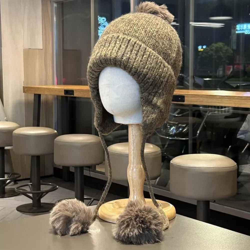 Warm Knitted Beanie Hat with Pom Pom Ear Flaps, image 6
