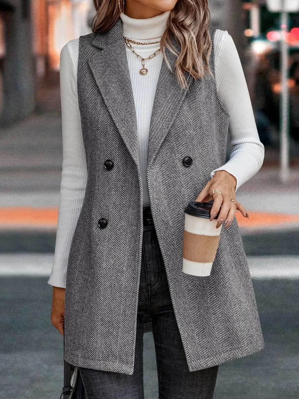 Buttoned Collared Neck Longline Vest Coat, image 4