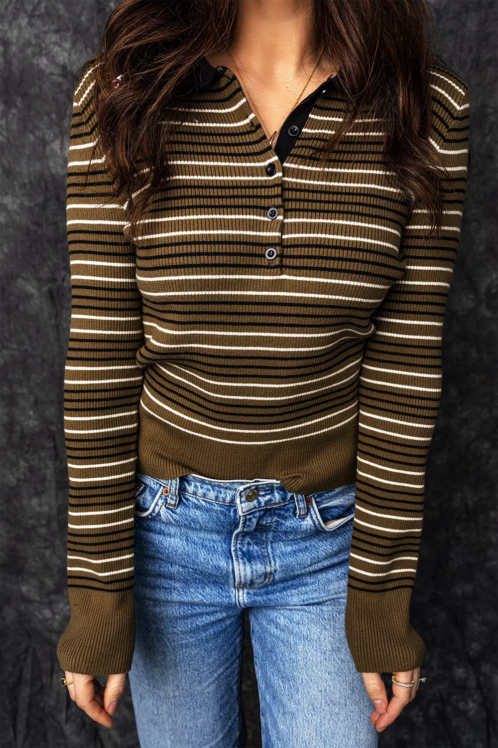 Stripe Striped Ribbed Knit Button Collar Sweater, image 5