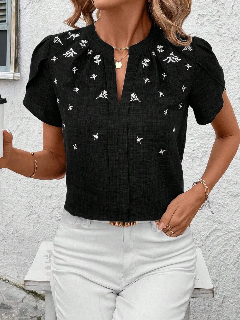 Floral Notched Short Sleeve Blouse, image 14